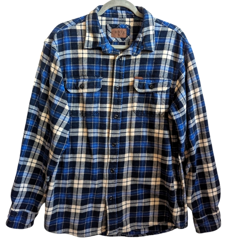 ORVIS Heavy Weight Flannel Shirt Men's Hand Pockets Long Sleeve in Blue Size L